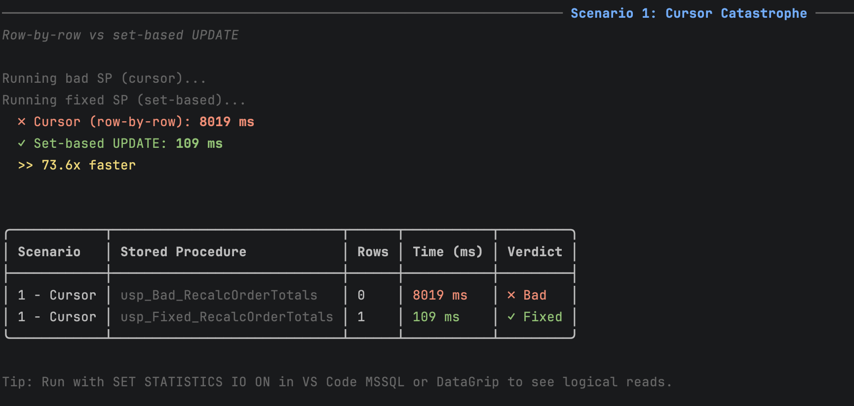 Scenario 1 benchmark — cursor vs set-based